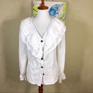 White Ruffle Button Down Top